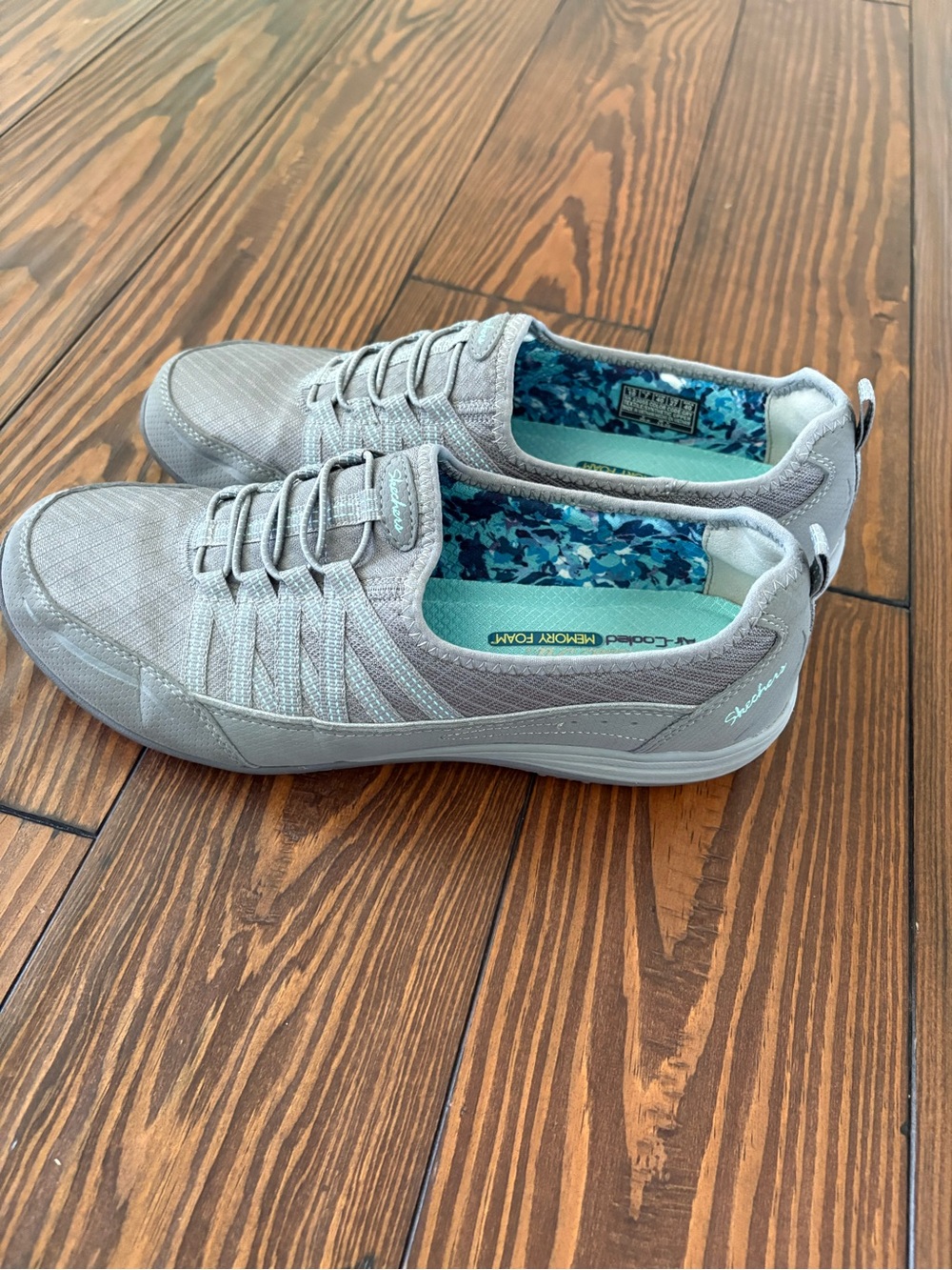 Skechers Light Gray Slip-On Casual Sneakers with Teal Insole